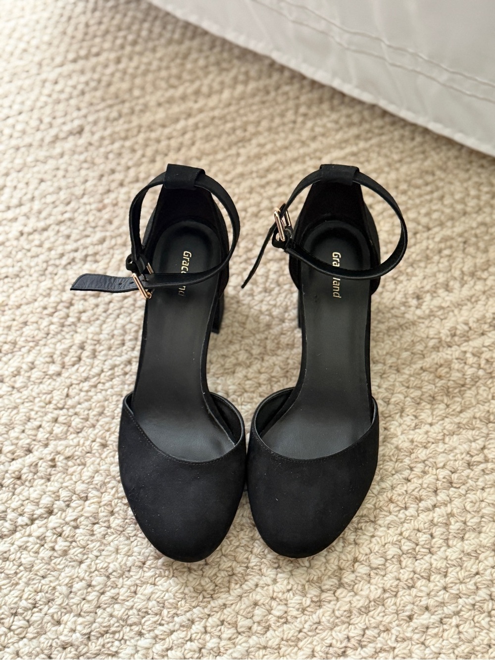 Grace Black Ankle-Strap Block Heel Pumps